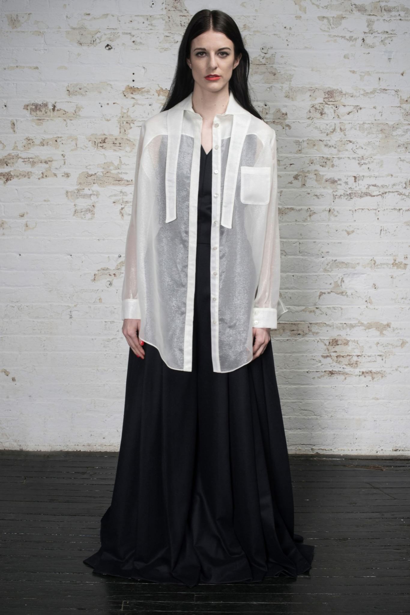 white silk long-sleeve collared relaxed buttoned sheer shirt