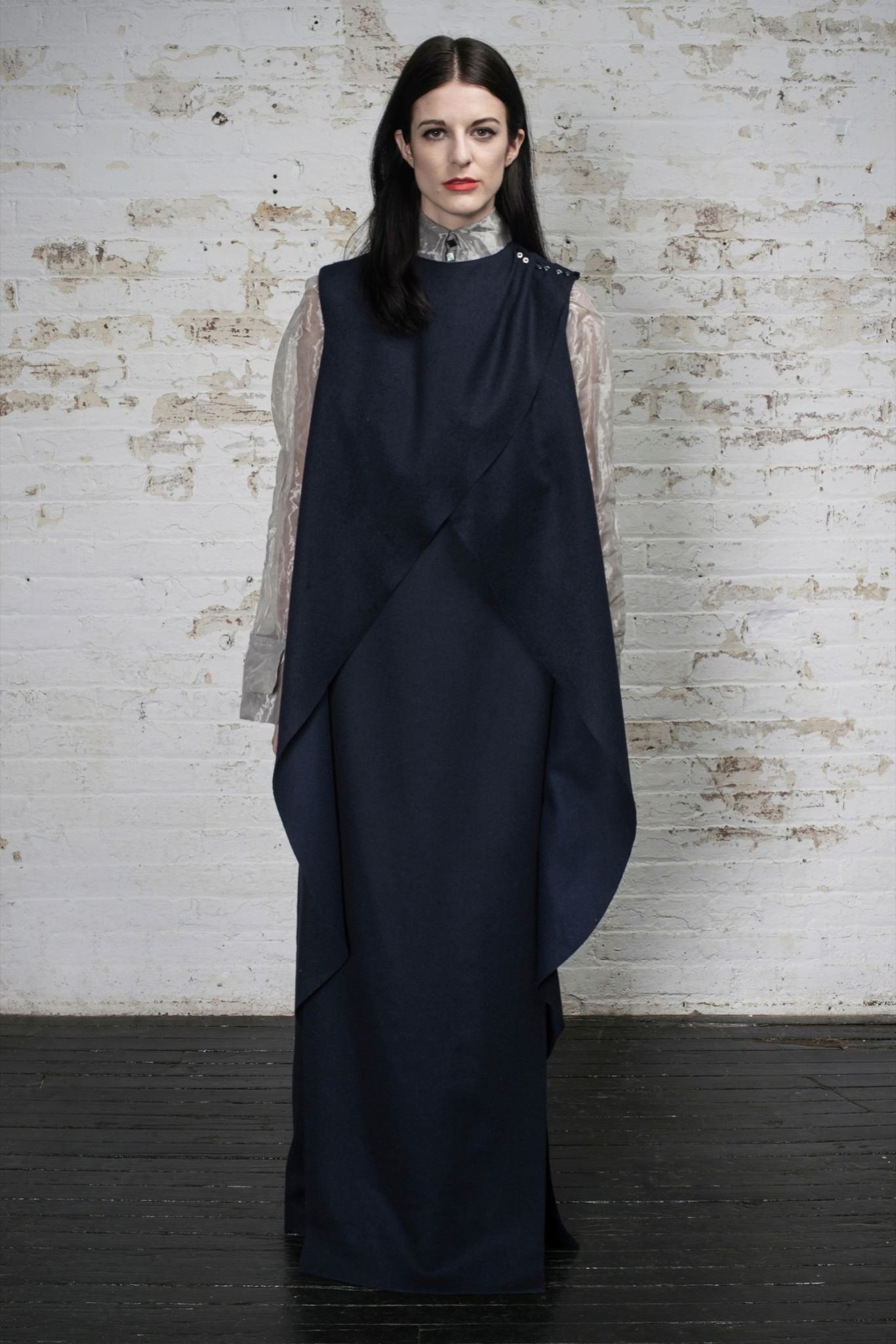blue wool sleeveless high-neck fitted draped maxi dress