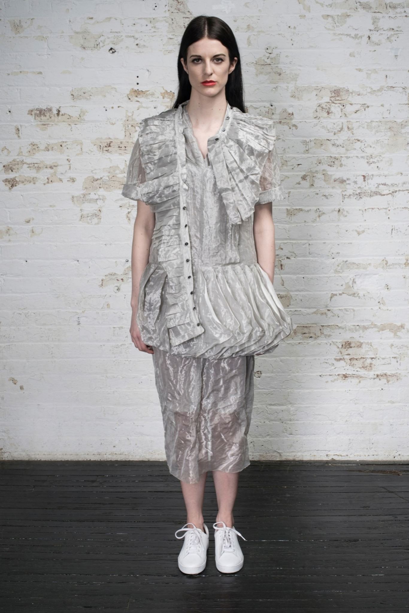 gray silk pleated midi dress