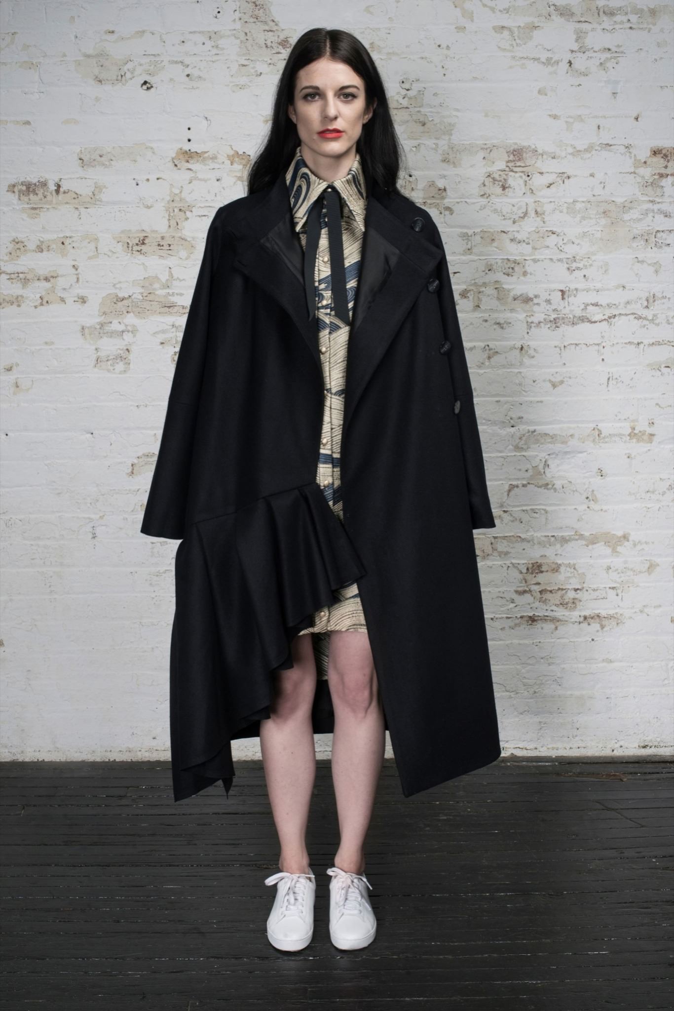 black wool long-sleeve collared relaxed draped coat