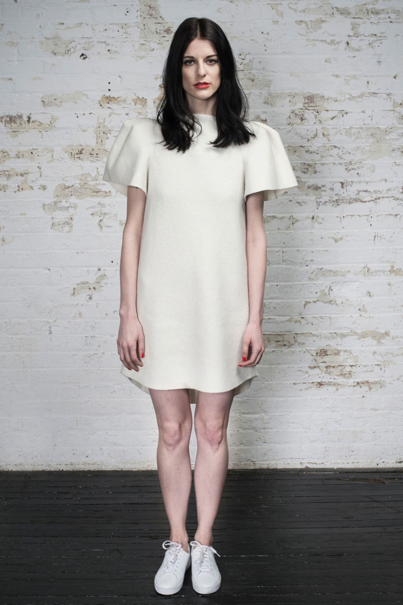 white wool short-sleeve high-neck fitted structured short dress