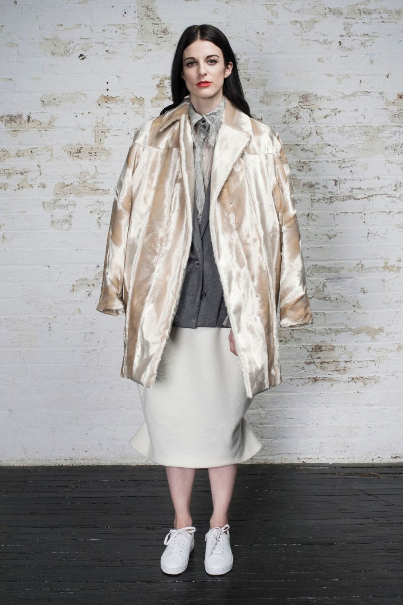 beige silk long-sleeve collared oversized draped shiny coat
