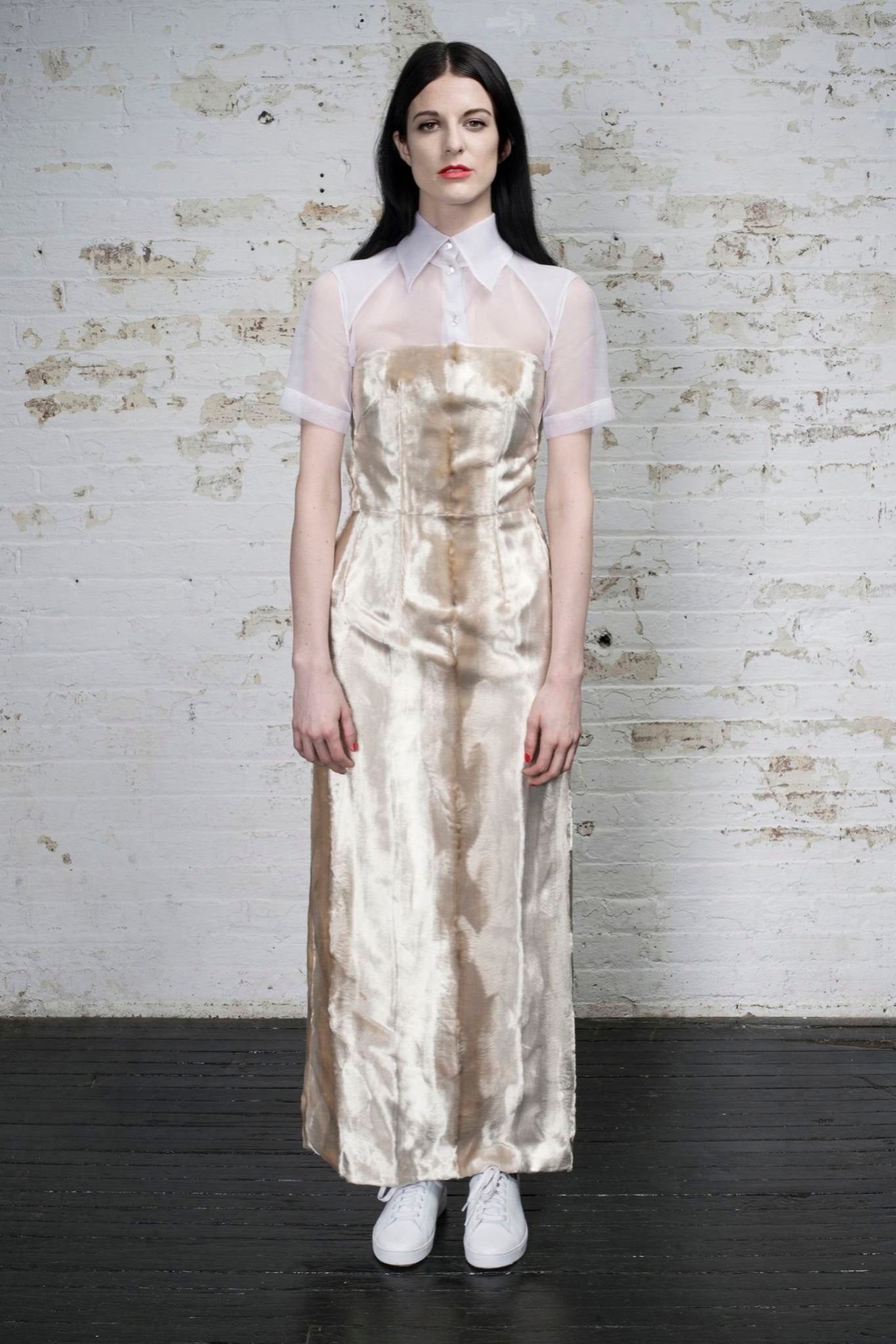 beige silk sleeveless high-neck fitted straight-leg shiny dress