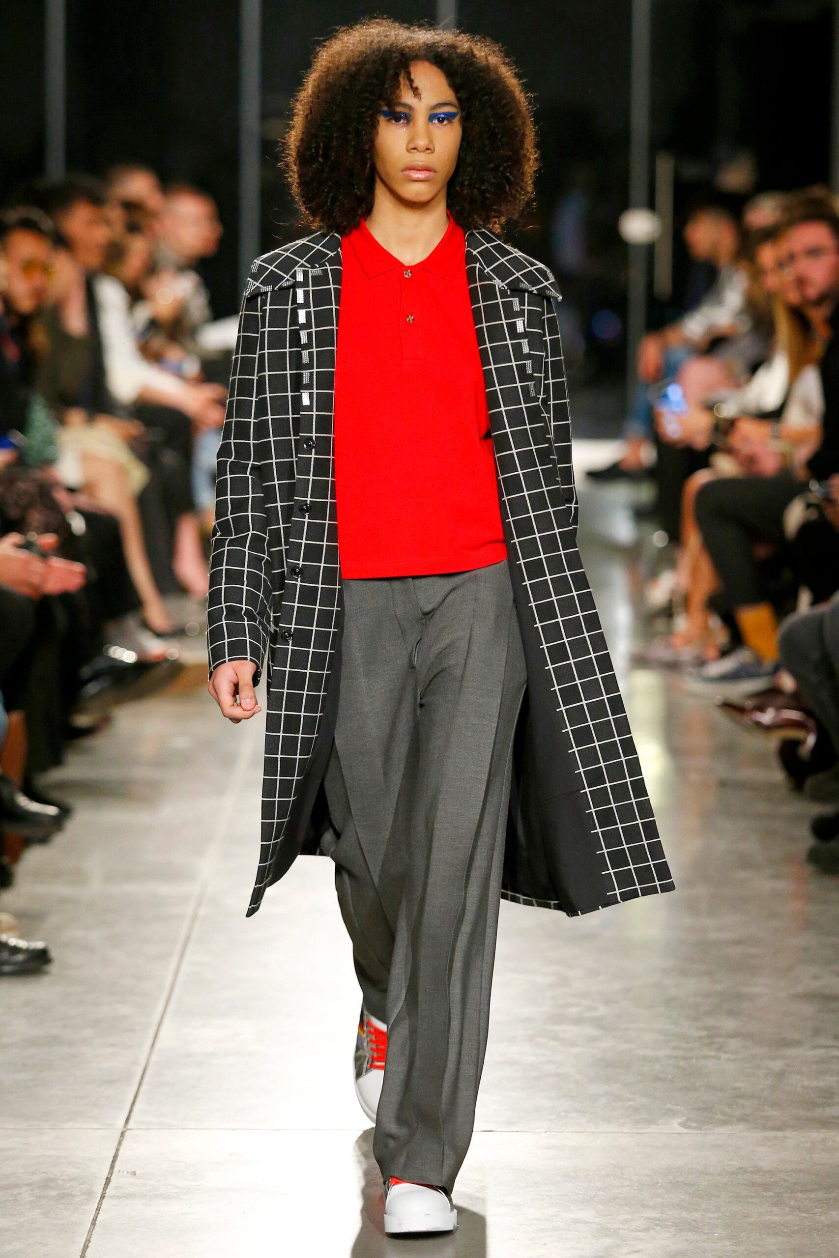 checked coat with red top