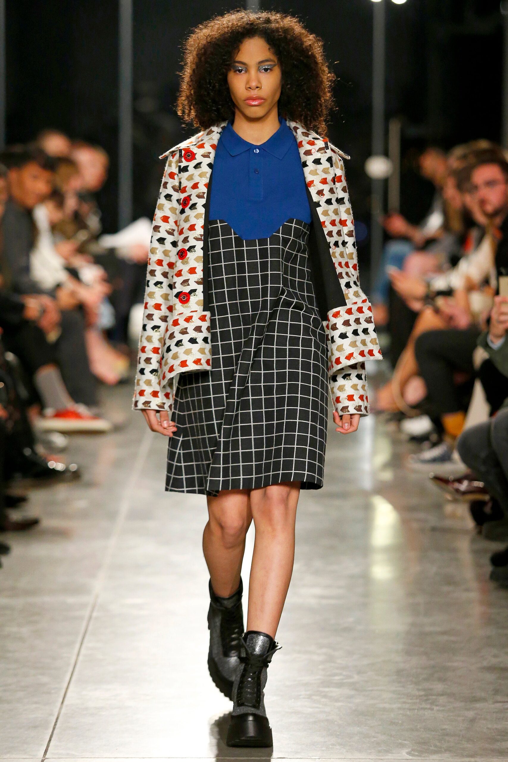 embroidered coat with checked dress