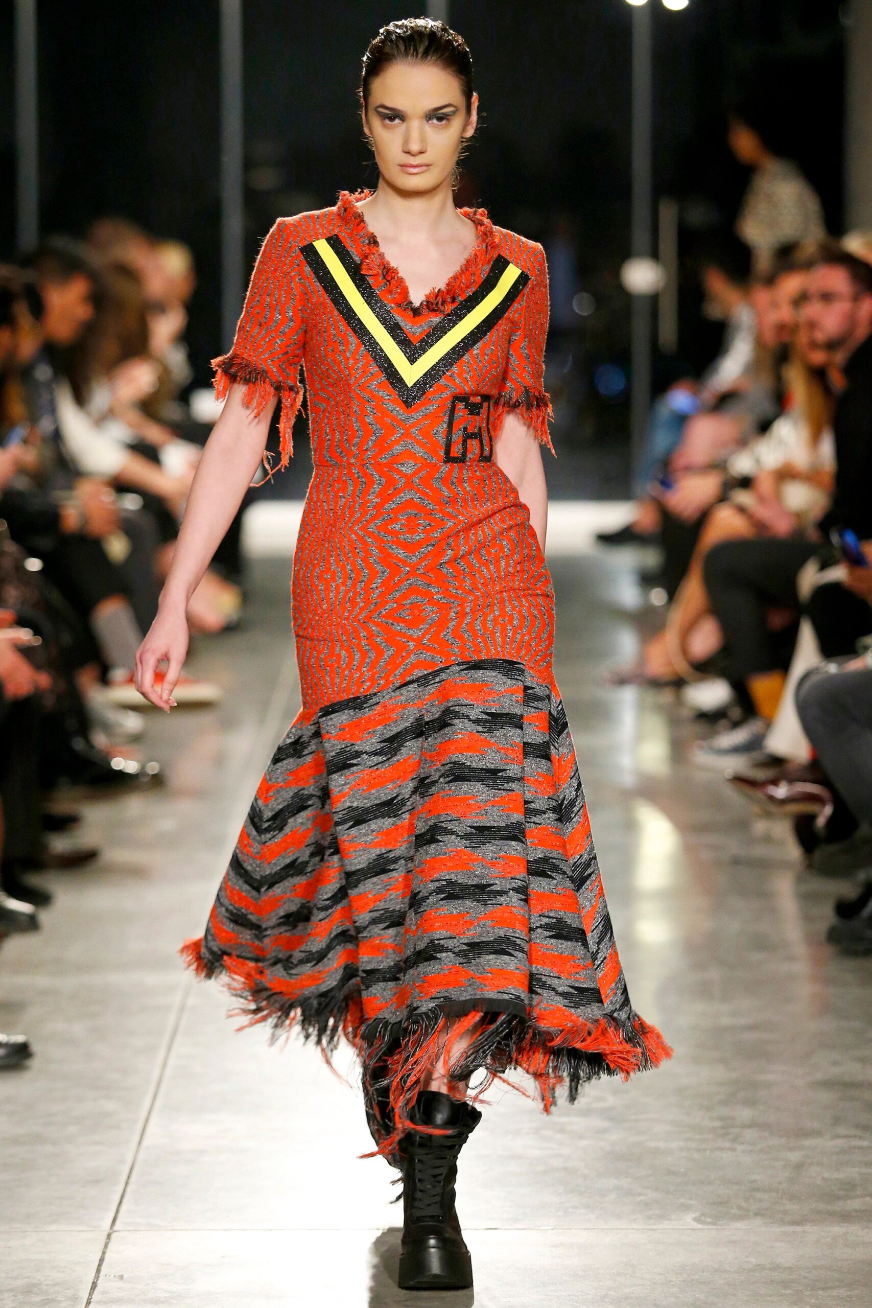 red black yellow fringed midi dress