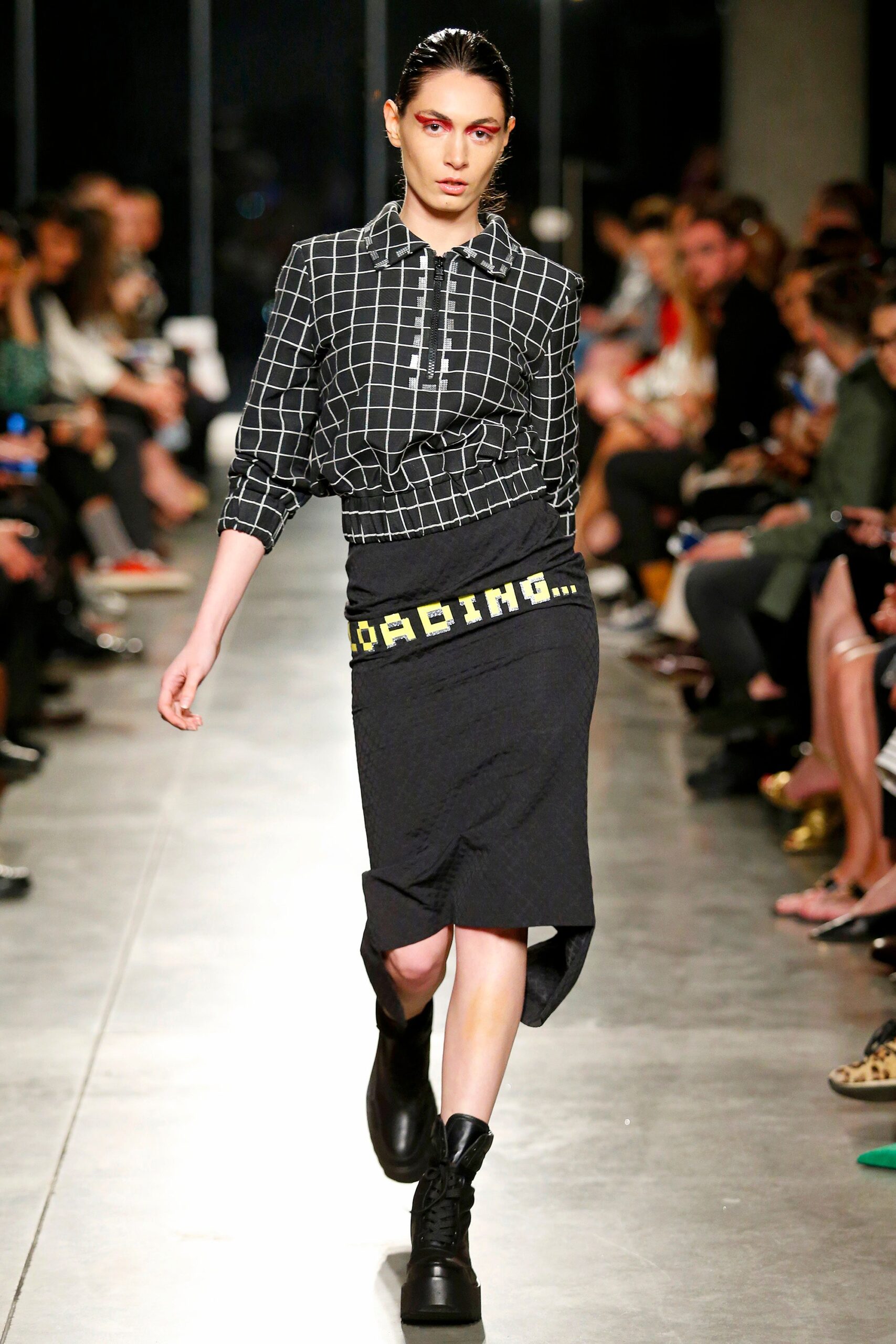 black and white checked shirt with asymmetric skirt