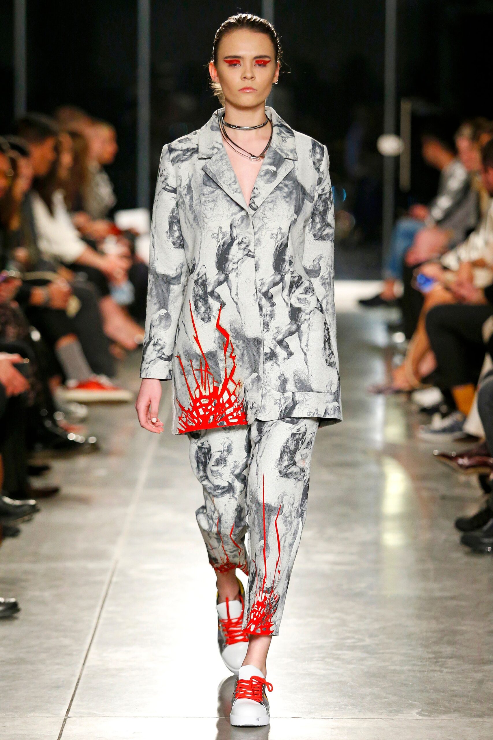 gray cotton tailored printed zippered pants