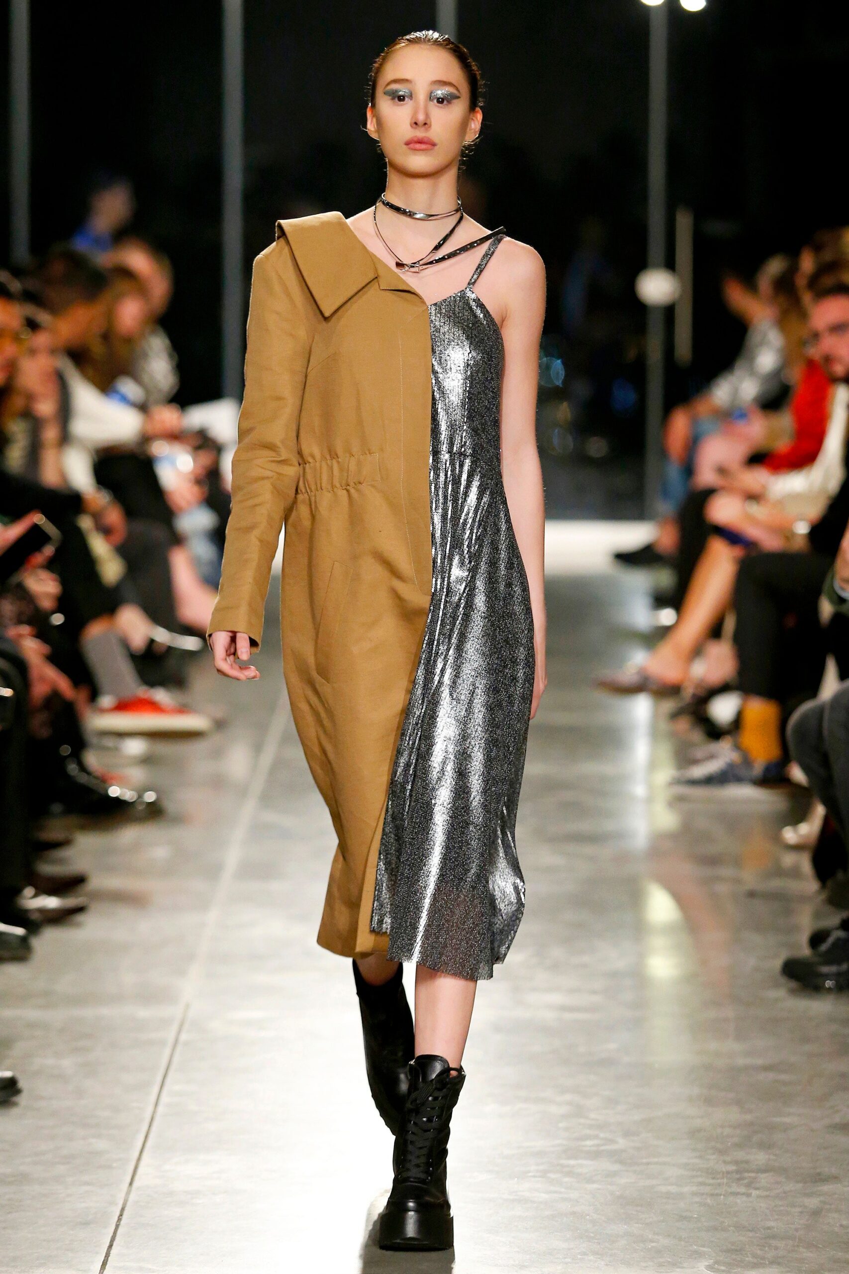 gray metallic sleeveless v-neck fitted shiny midi dress