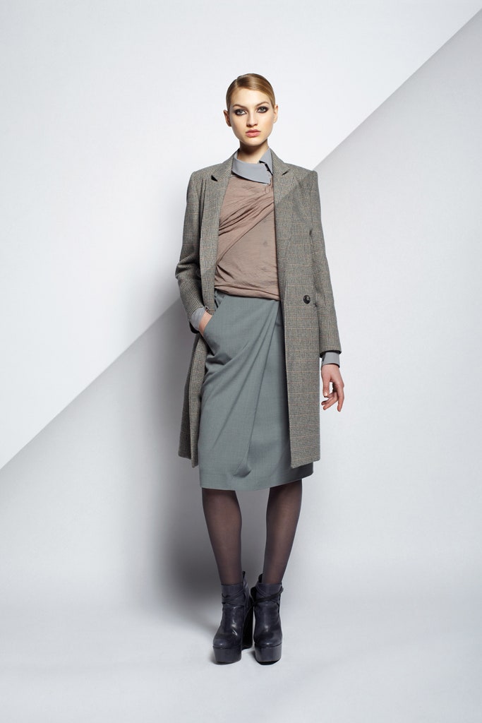 gray wool tailored coat with beige silk top