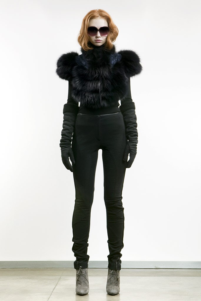 black fur top with fitted pants