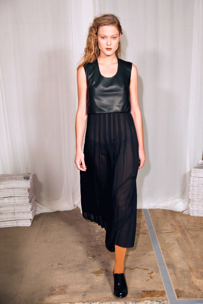 black leather pleated midi dress