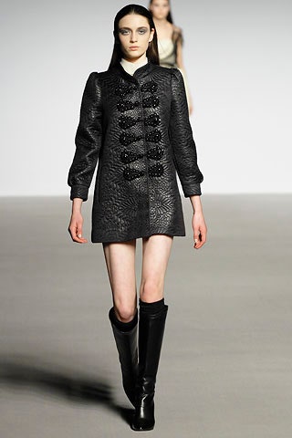 black leather long-sleeve collared fitted buttoned embellished coat