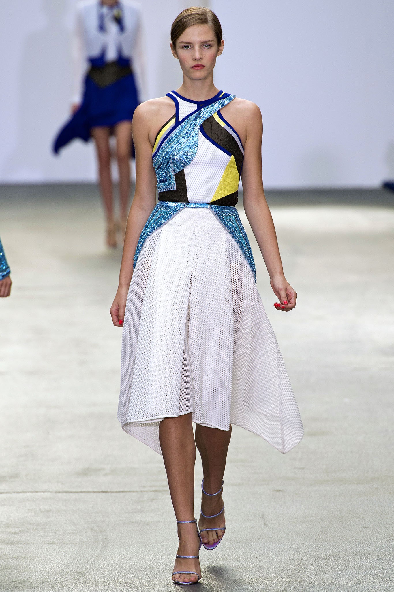 asymmetric white and blue midi dress