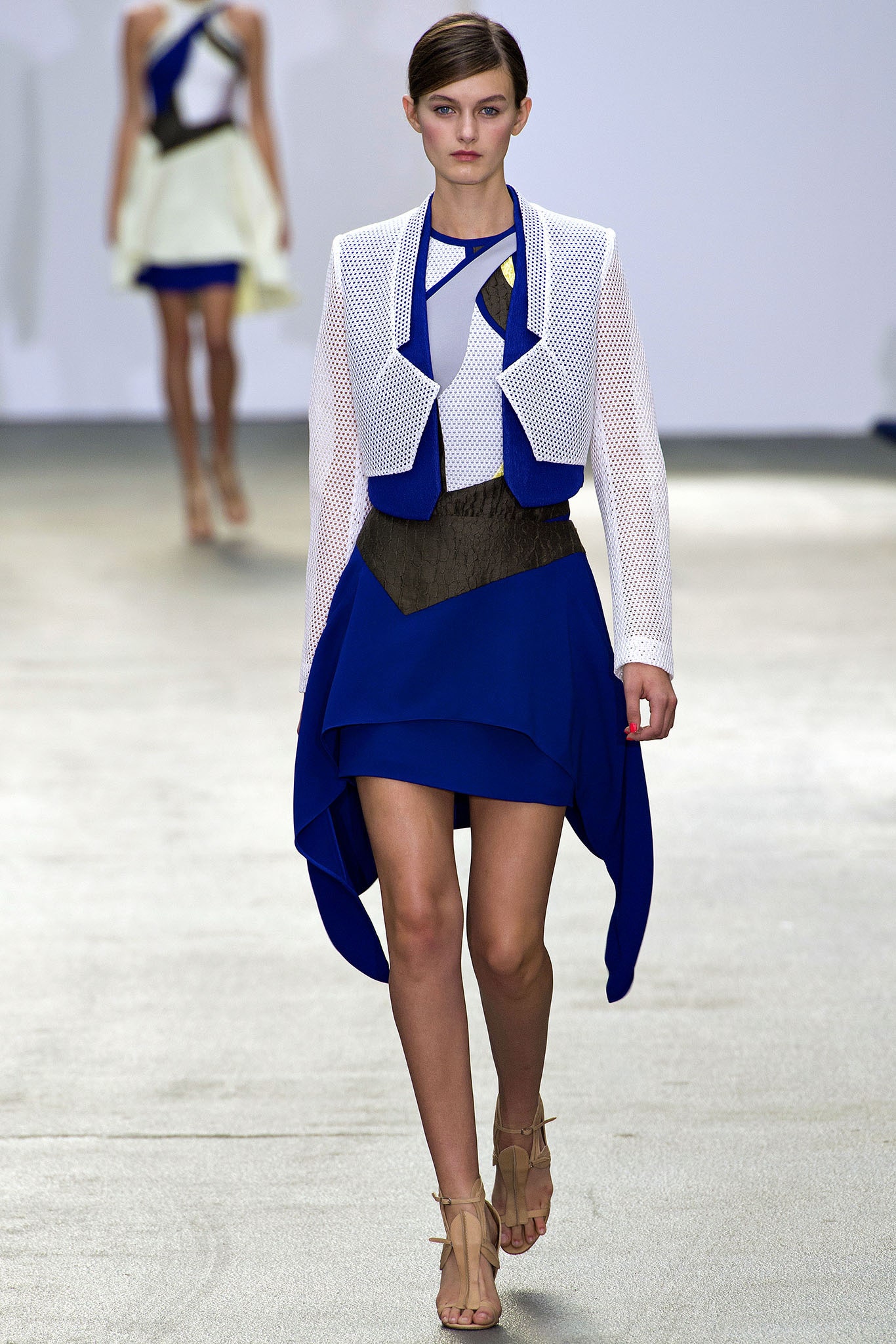 white mesh fitted jacket with blue top