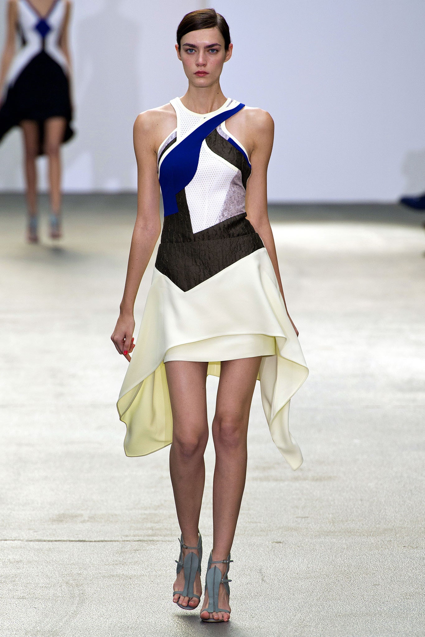 blue silk sleeveless v-neck fitted color-blocked flowing dress