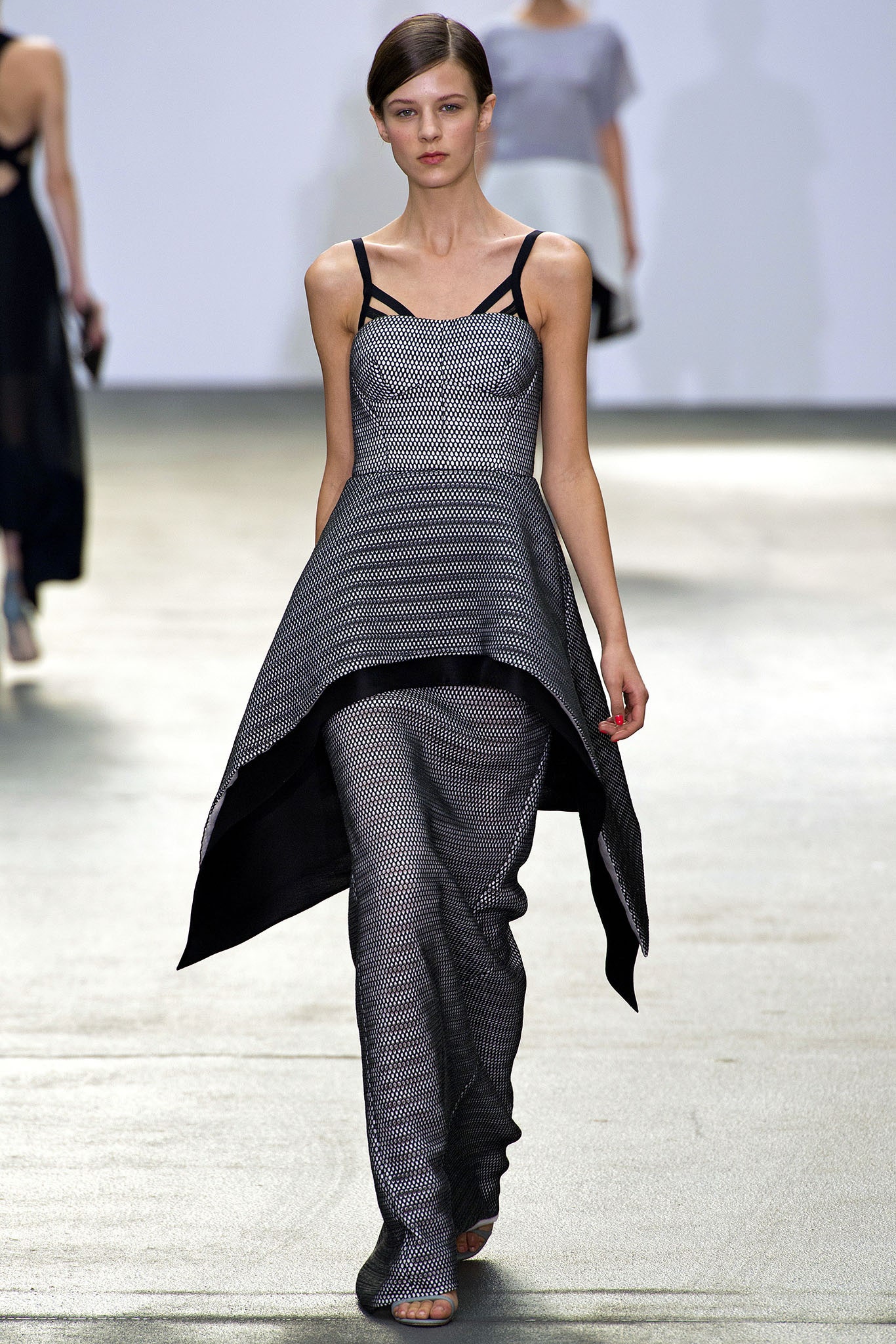 black and white asymmetric dress with fitted pants