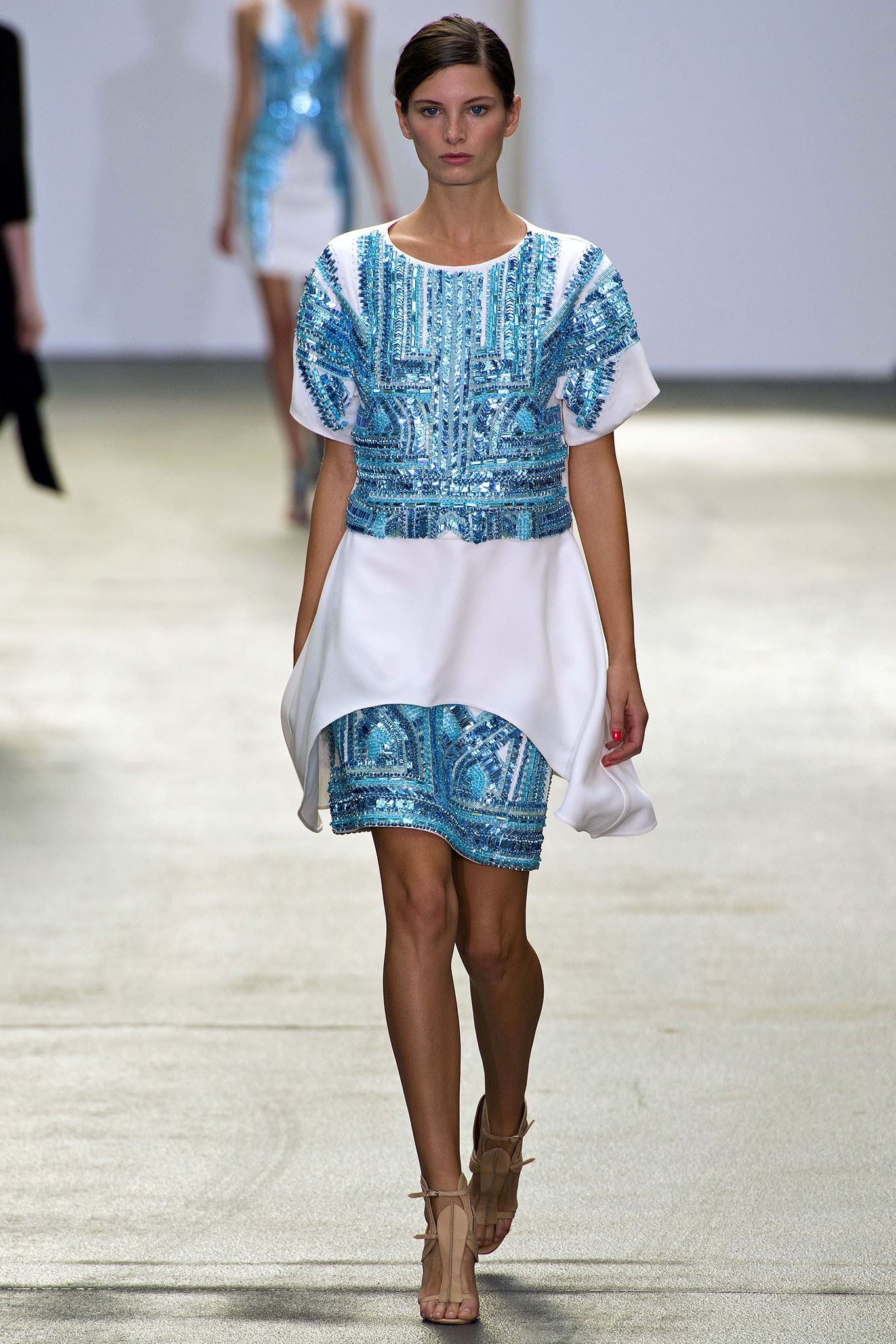 blue and white embroidered mini dress