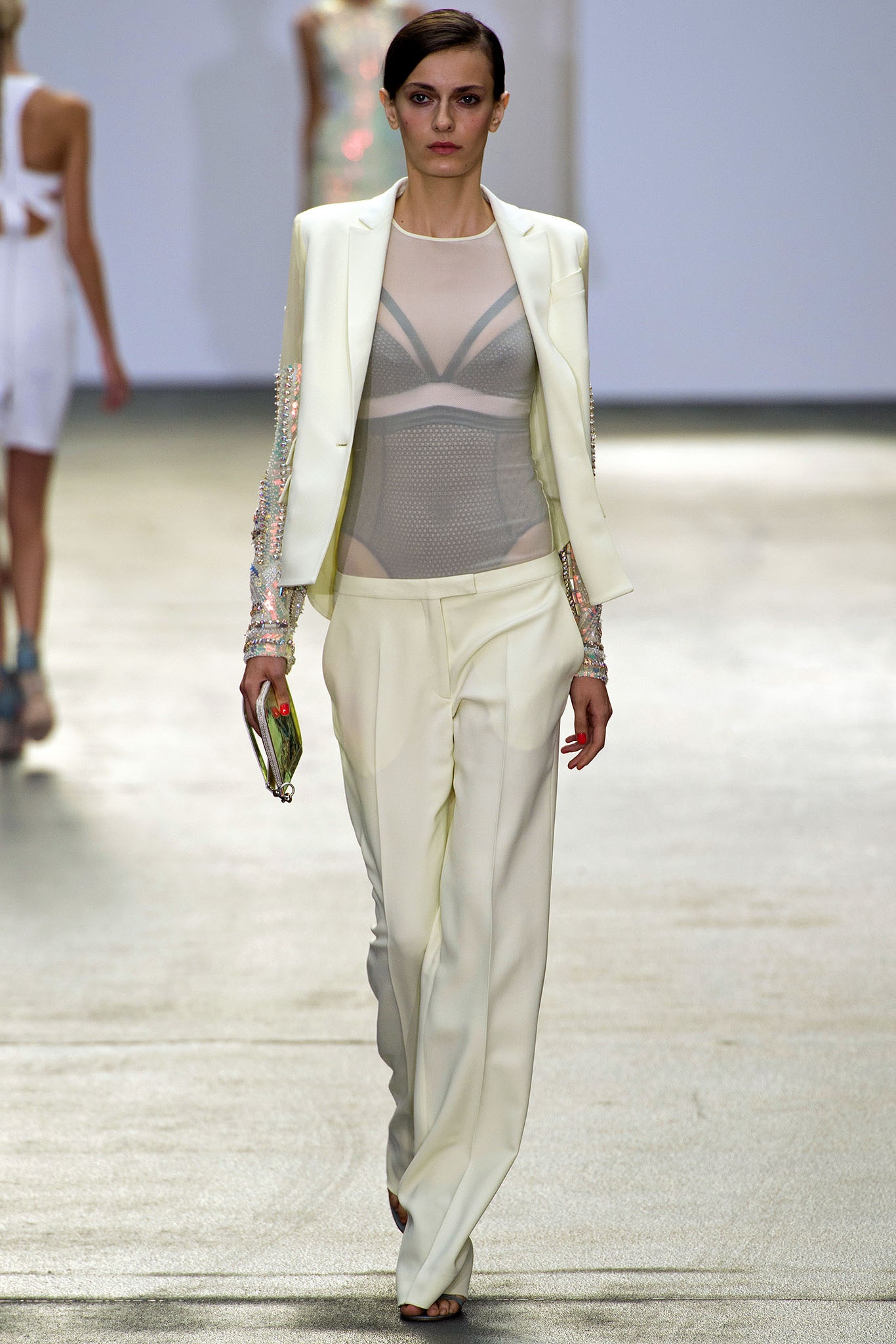 white tailored suit with mesh top