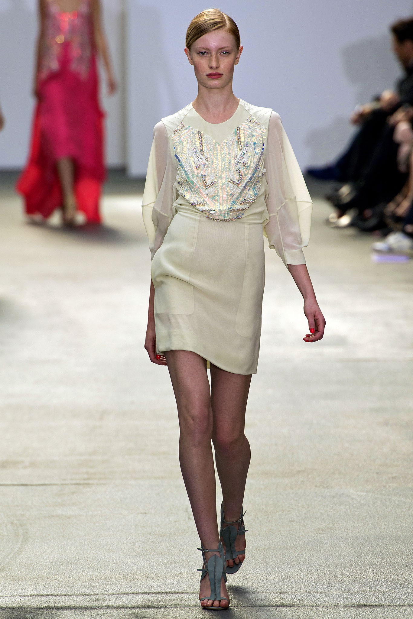 beige embellished mini dress