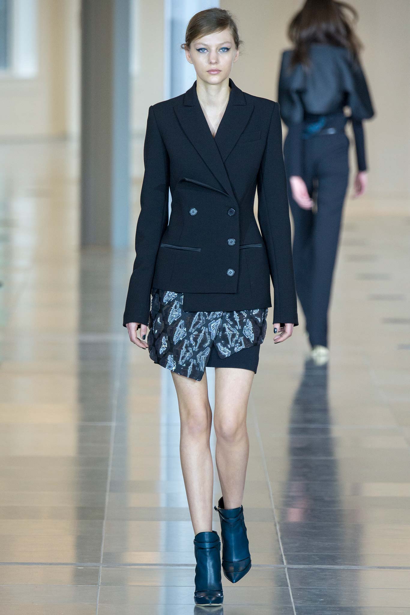 black tailored blazer with mini skirt