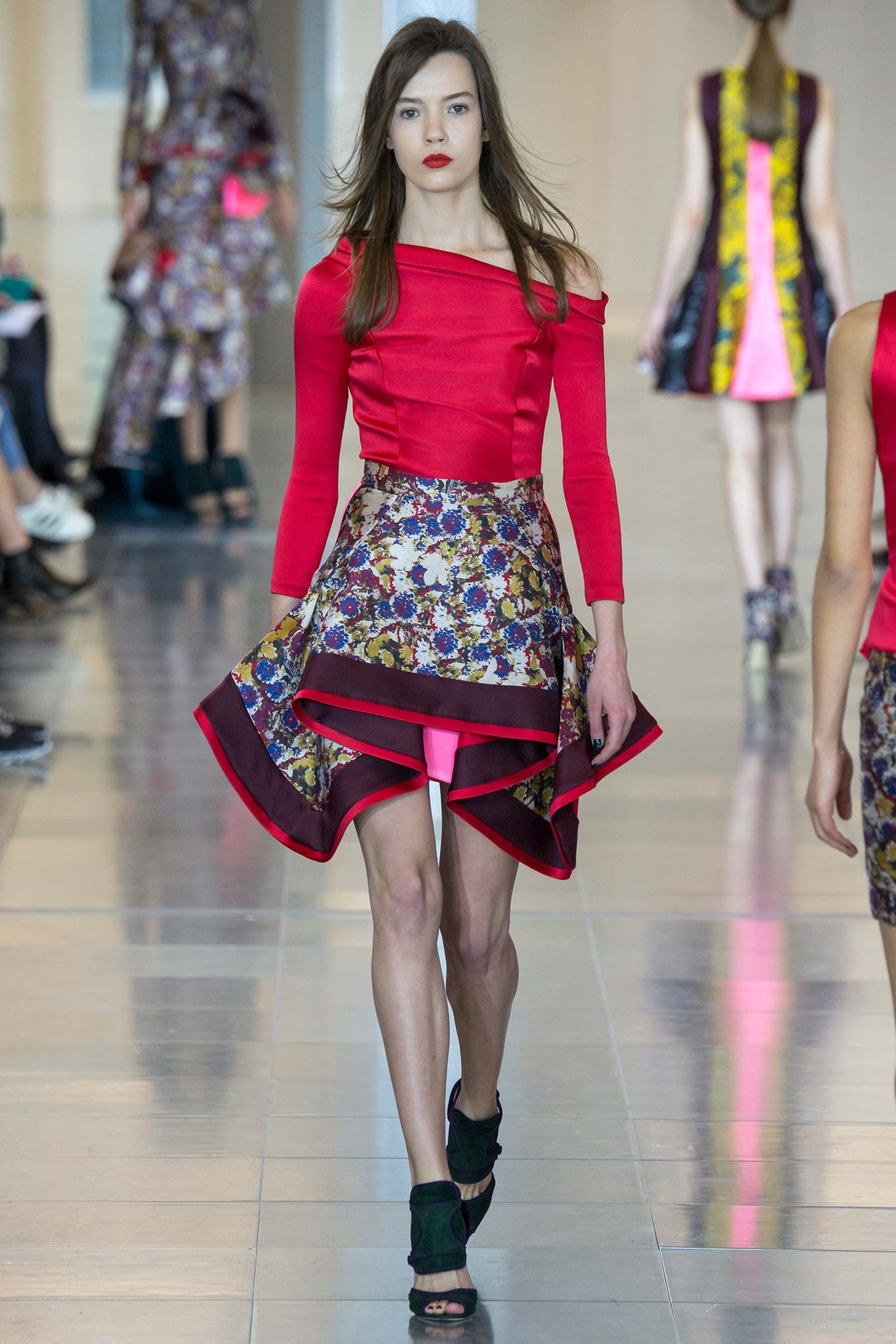 red off-shoulder top with flared skirt