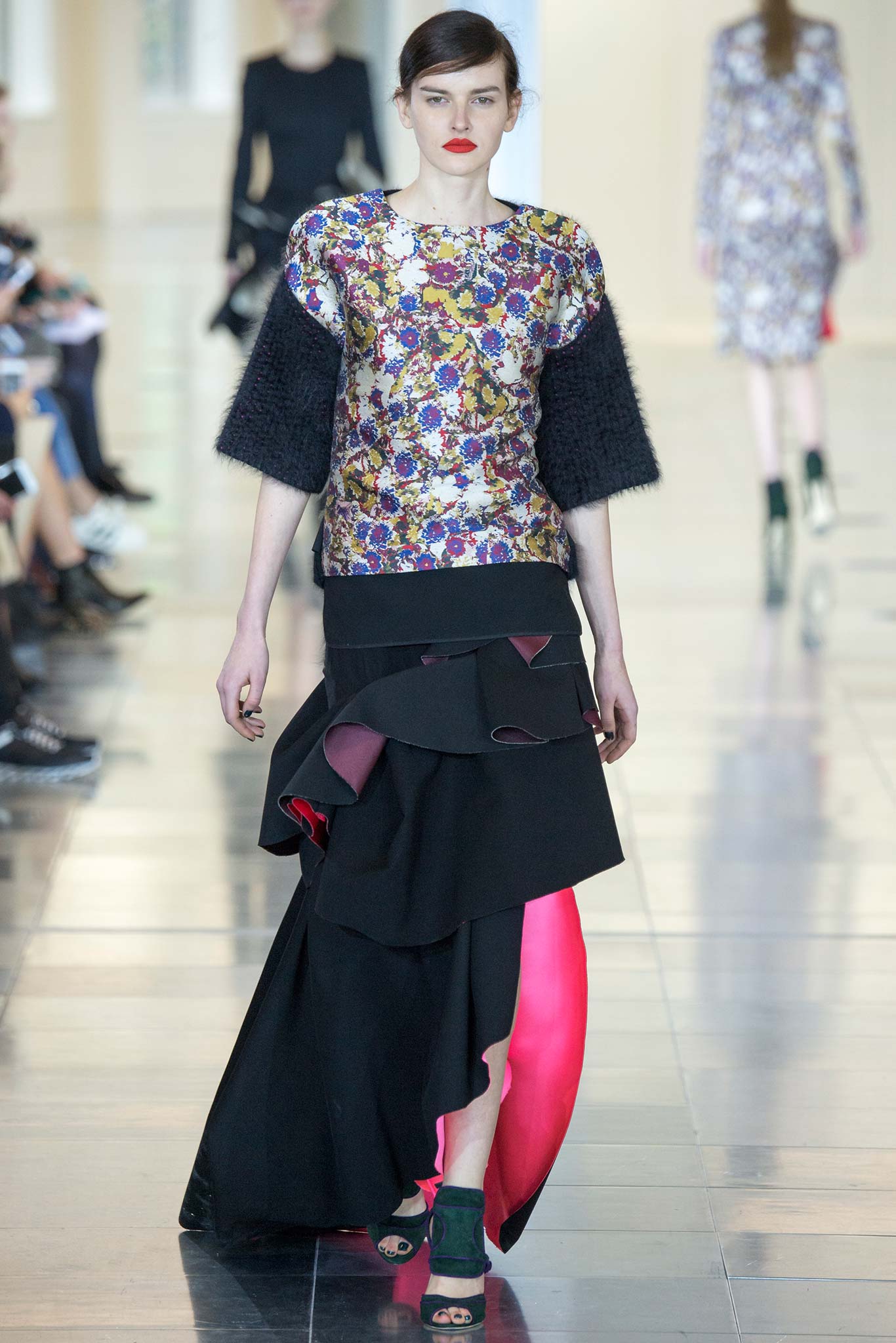 multi-colored floral top with ruffled skirt