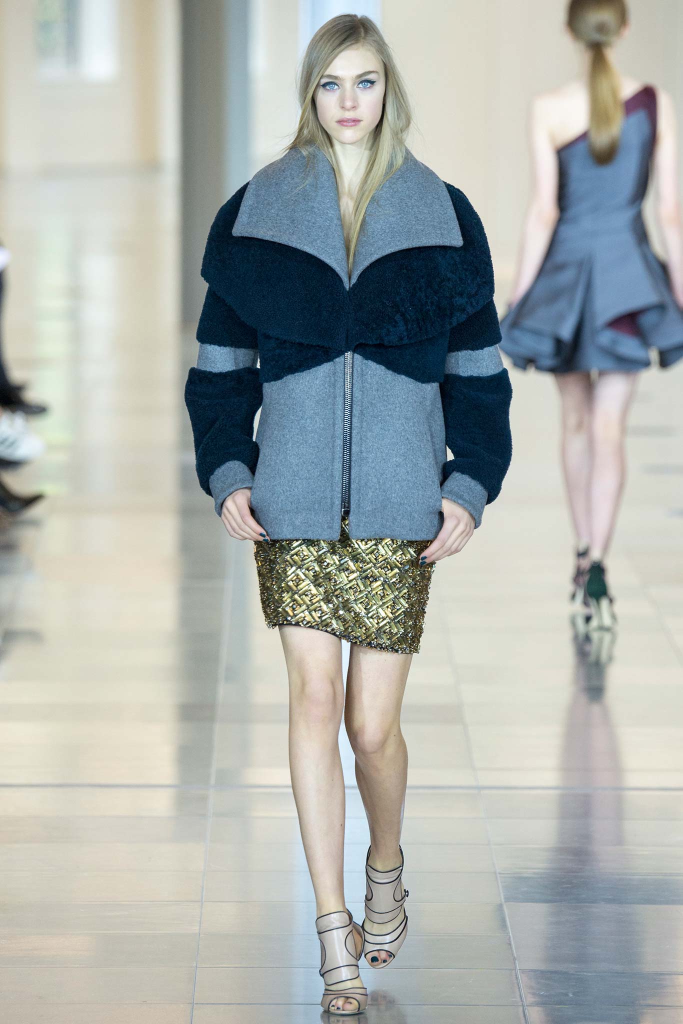 gray faux-fur jacket with gold skirt