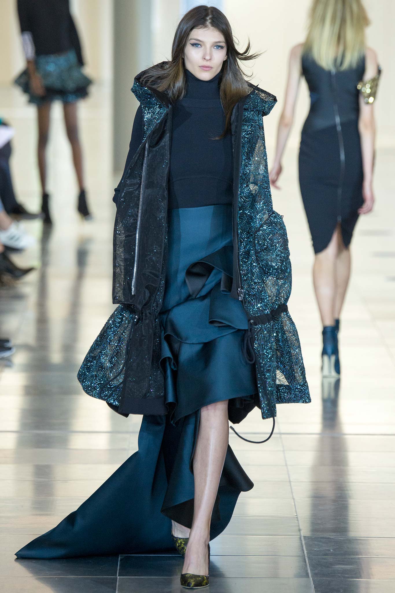 black silk coat teal skirt