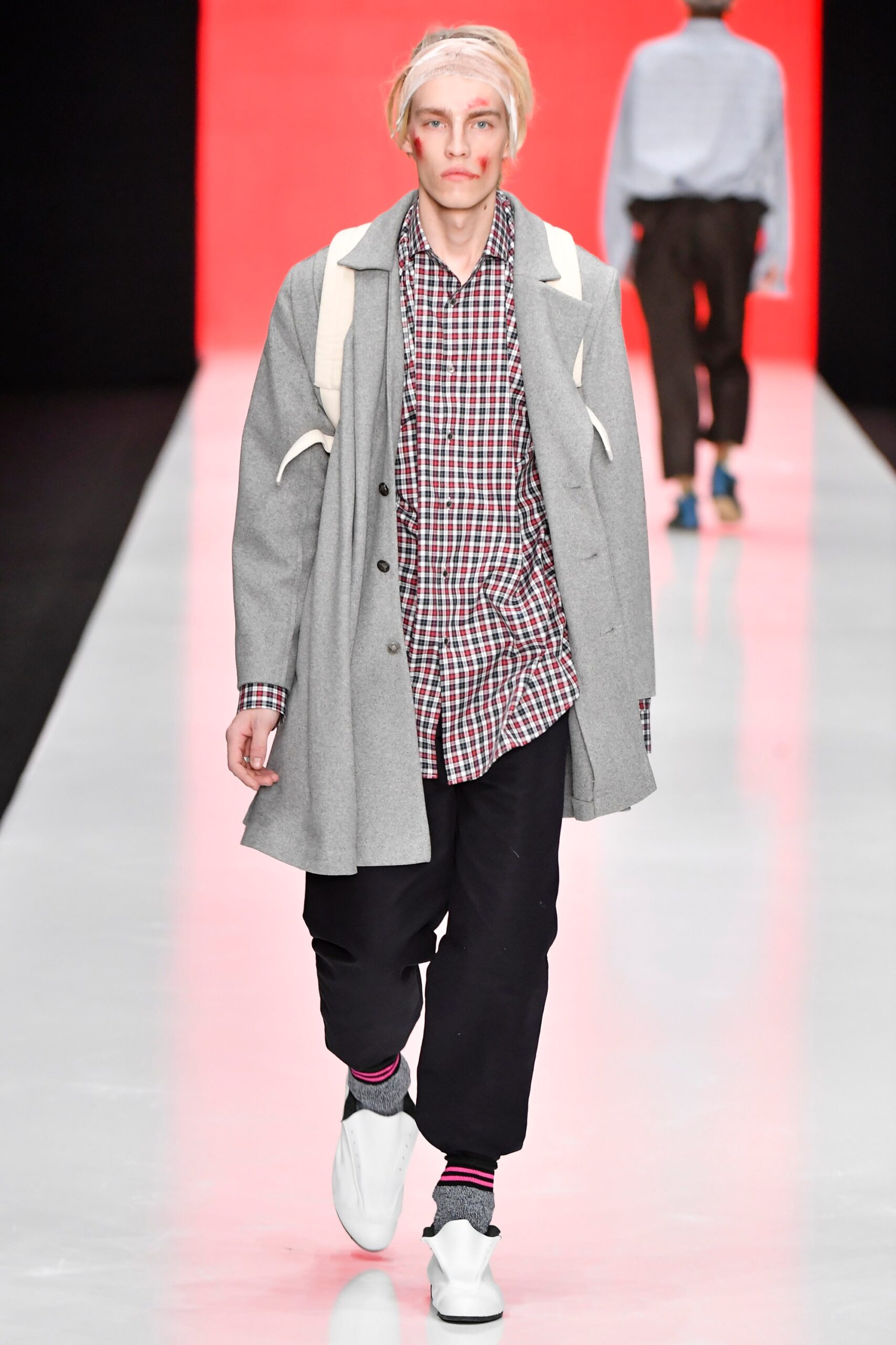 gray wool coat with checked shirt