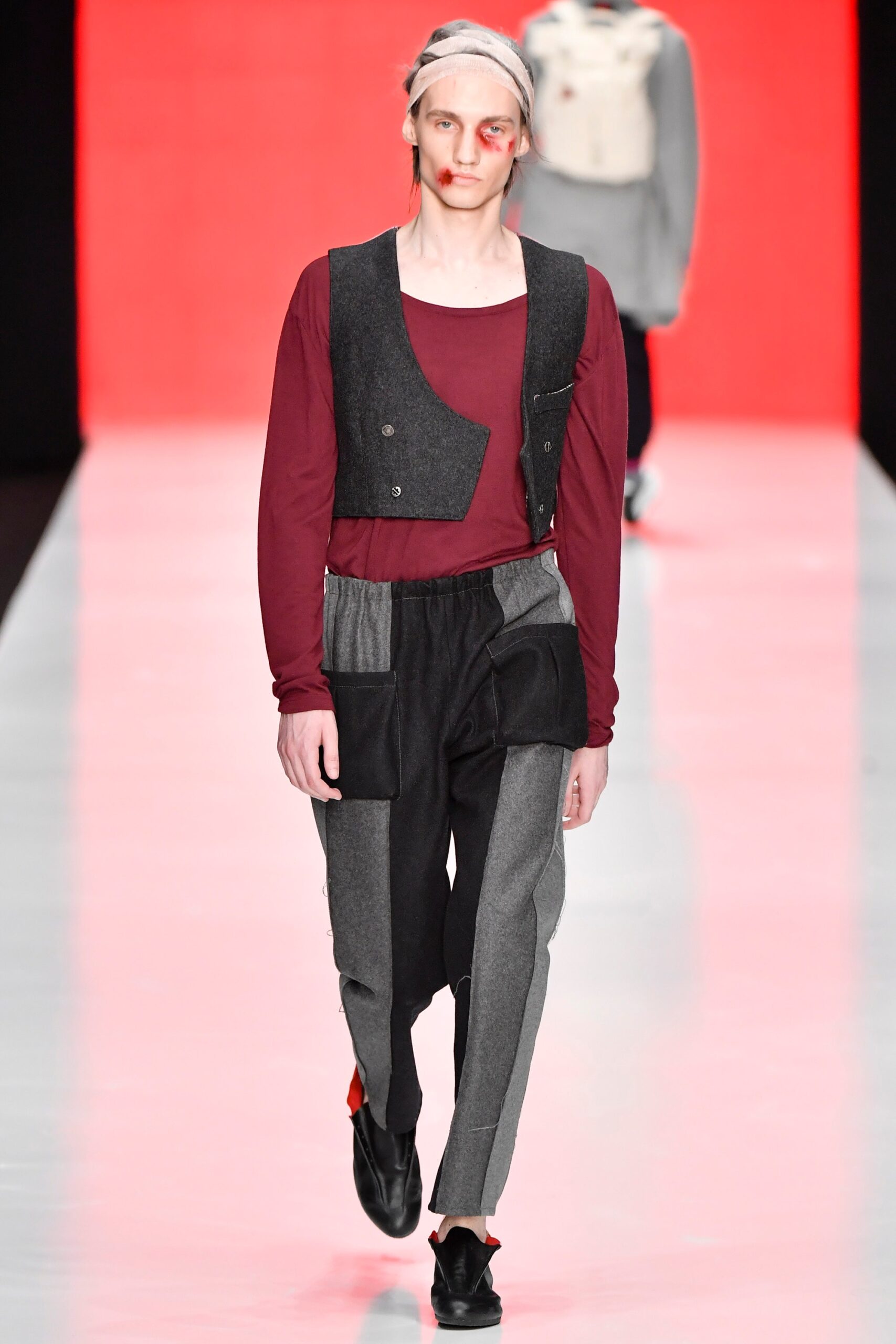 black gray vest red shirt tailored pants