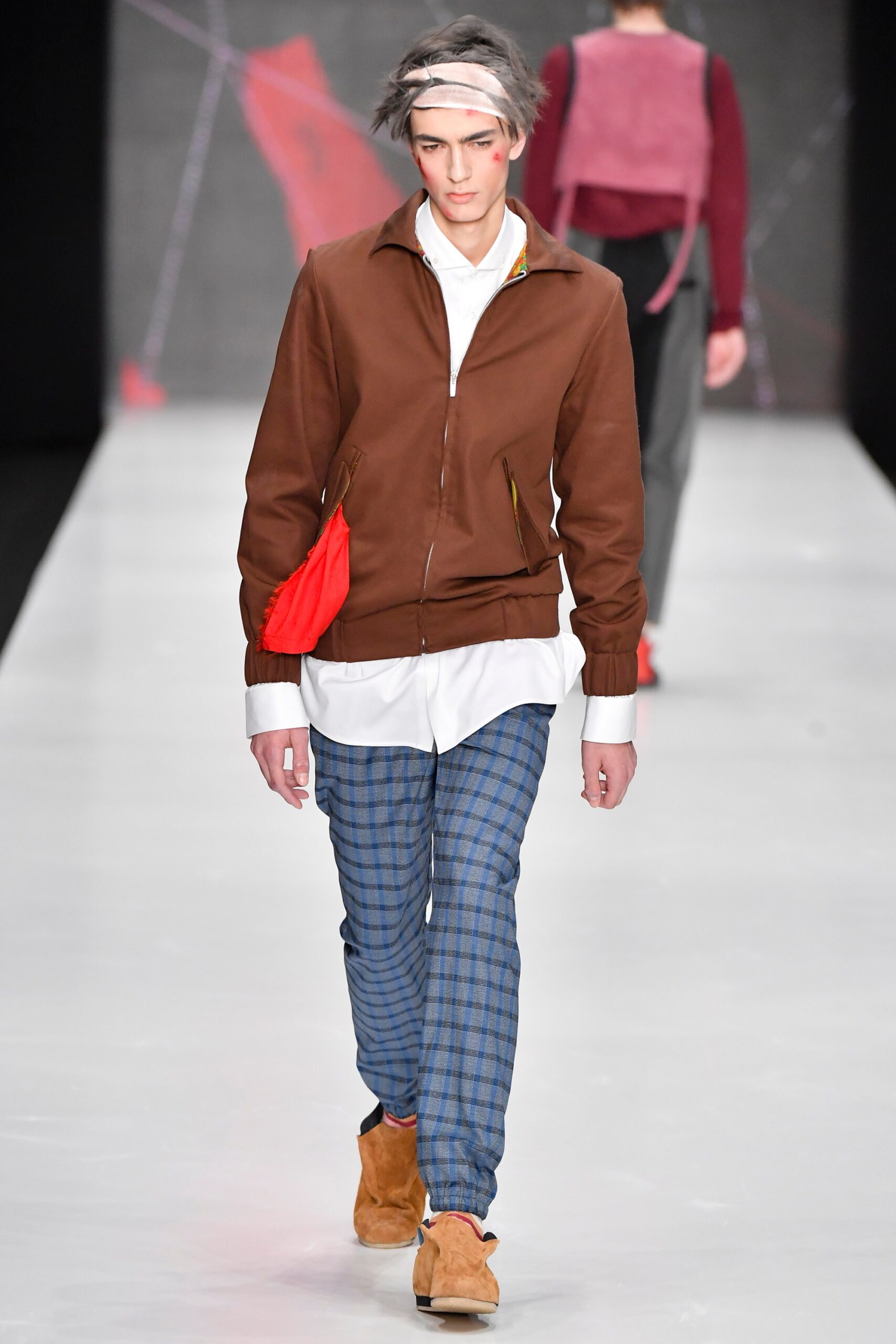 brown fitted jacket with checked pants