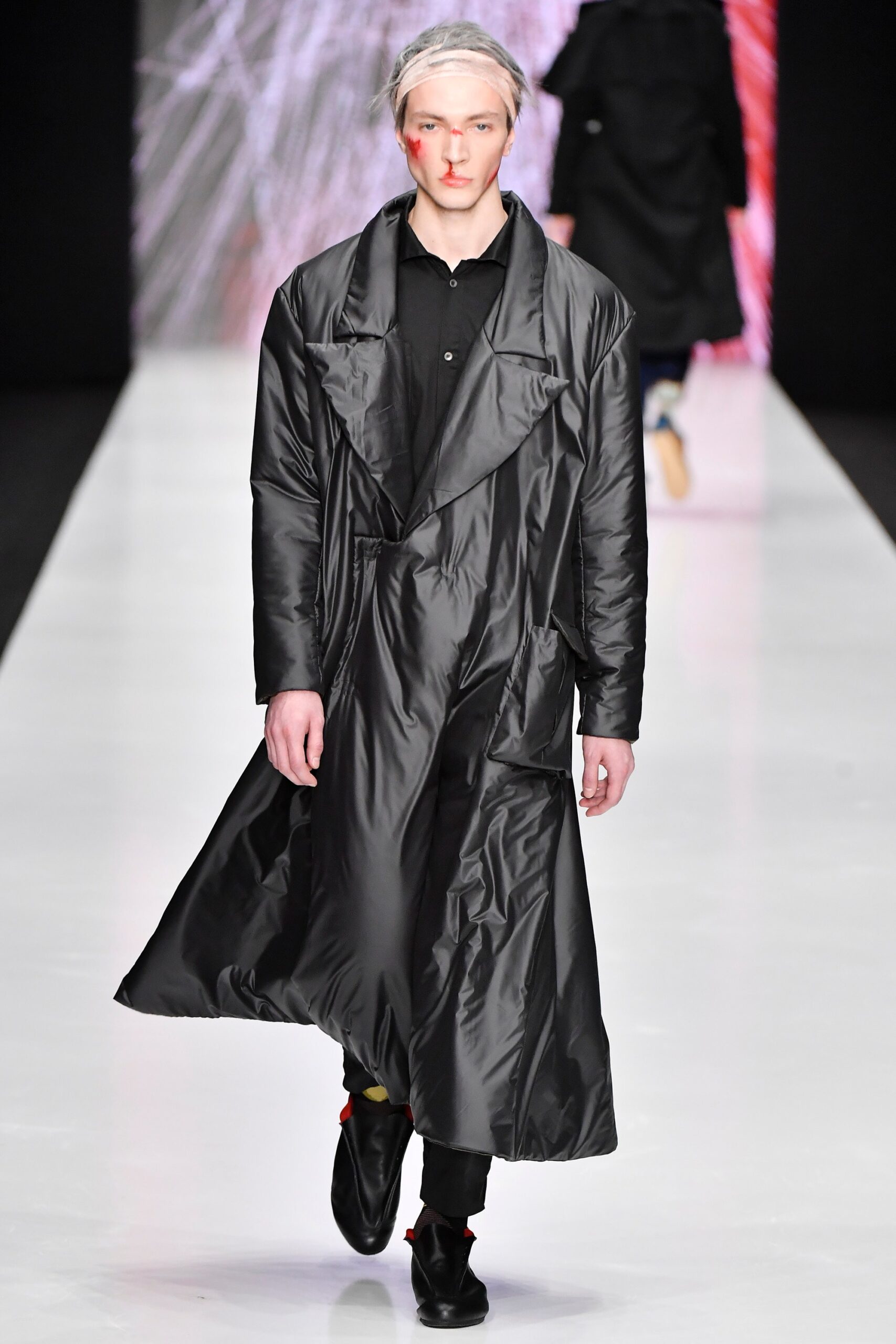 black silk long-sleeve collared relaxed draped flowing coat
