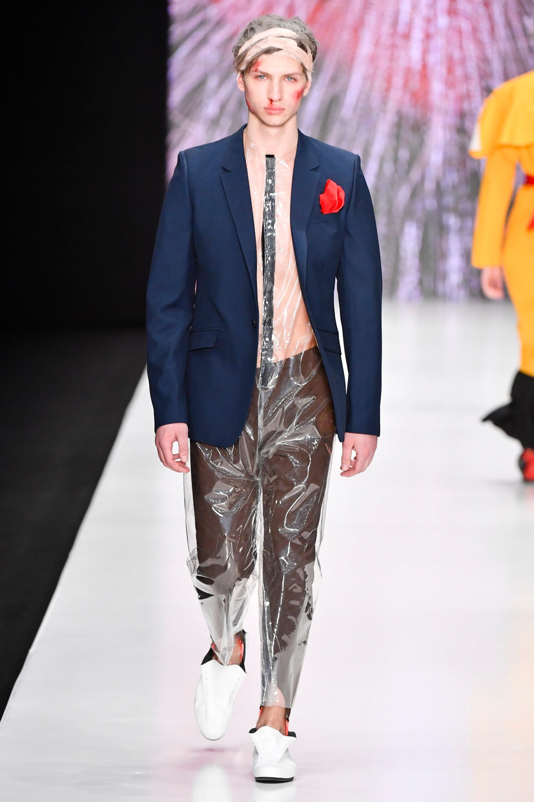 blue tailored blazer with clear pants
