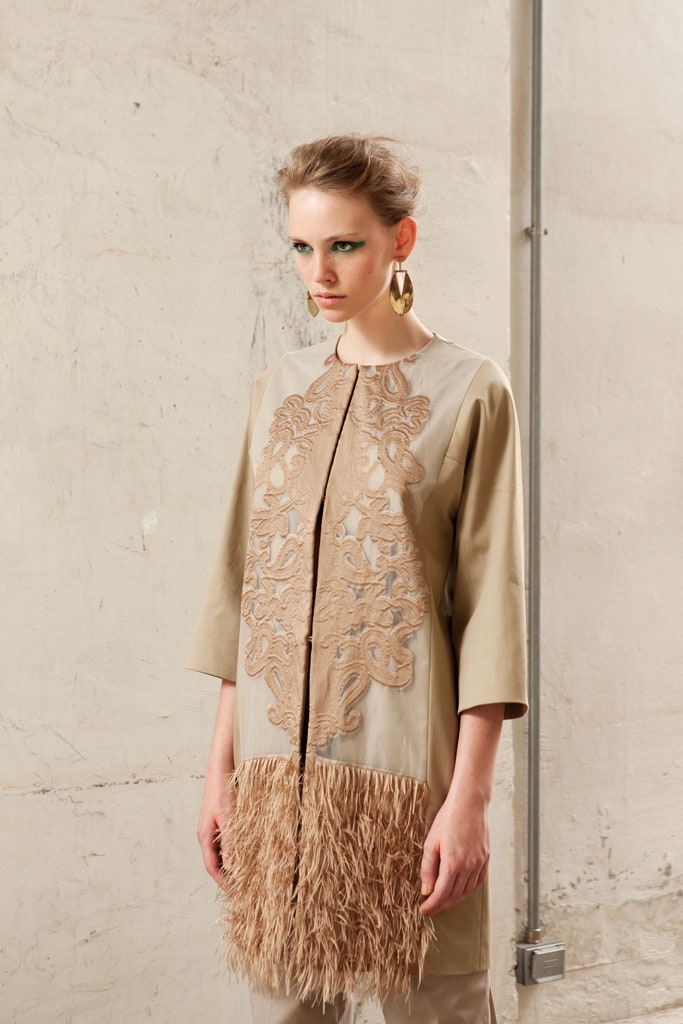 beige fitted embroidered coat