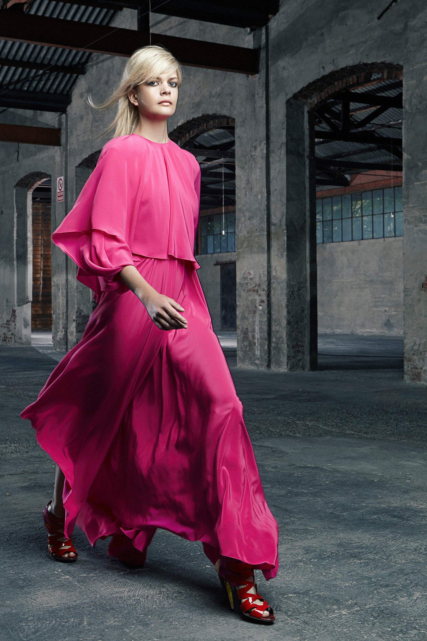 pink silk long-sleeve high-neck fitted draped flowing dress