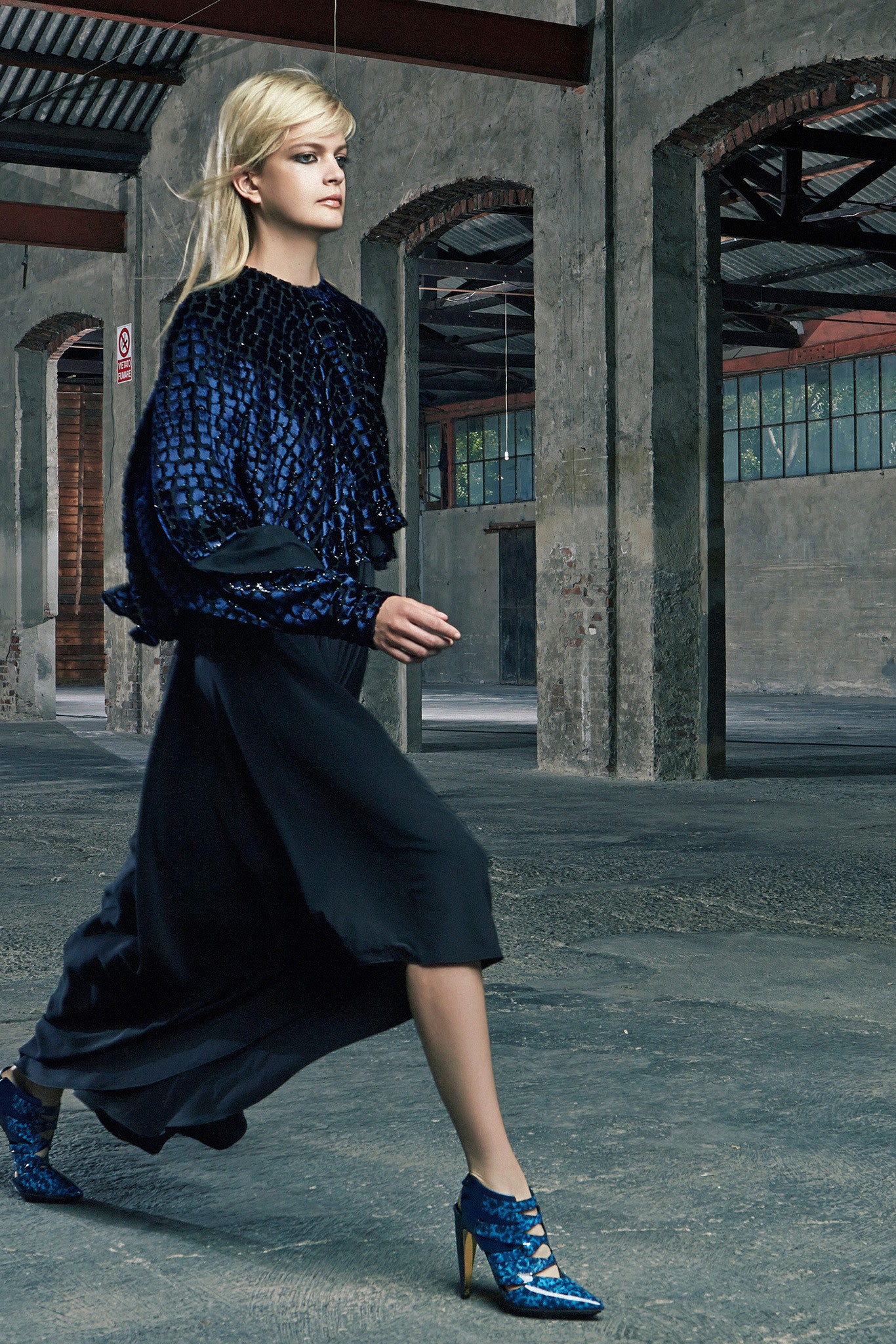 blue silk ruffled top with black maxi skirt
