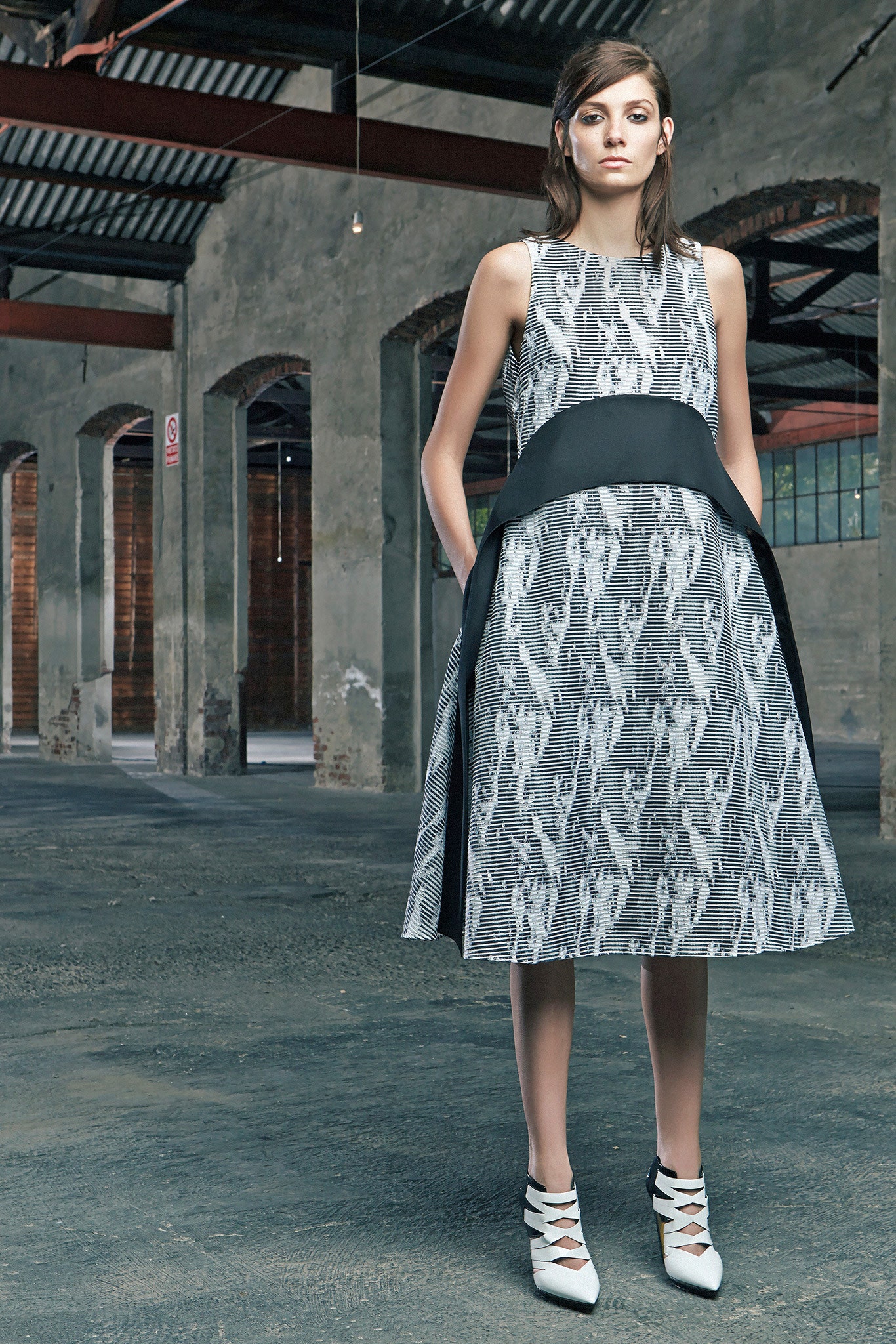 black cotton sleeveless high-neck fitted a-line printed dress