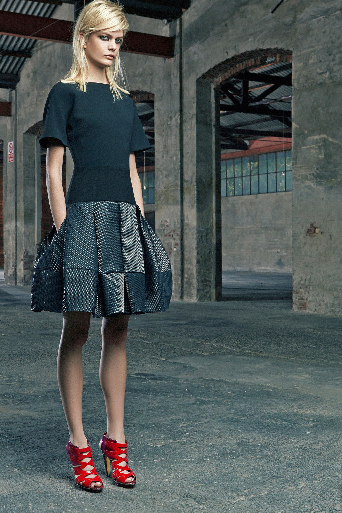 black cotton short-sleeve square-neck fitted pleated a-line dress