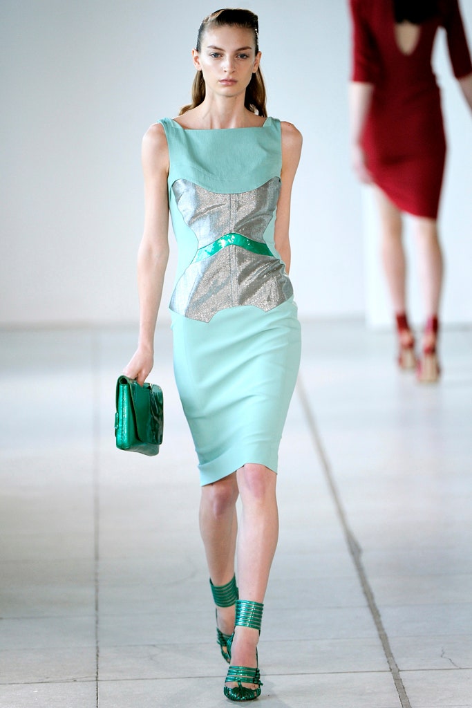 green silk sleeveless high-neck fitted structured midi dress