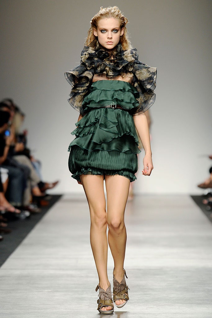 green silk sleeveless off-shoulder fitted ruffled tiered dress