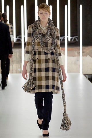 beige checked wool coat with scarf