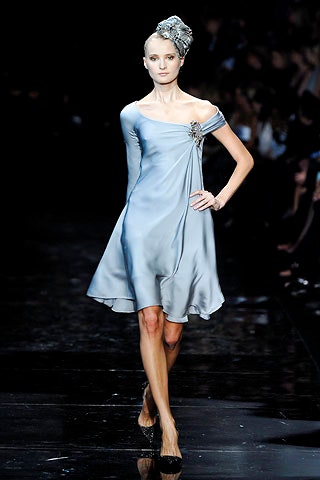 blue silk off-shoulder dress