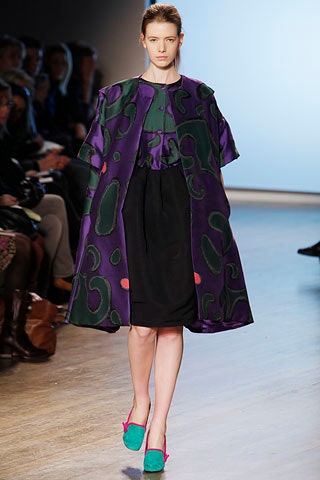 purple printed coat with black dress