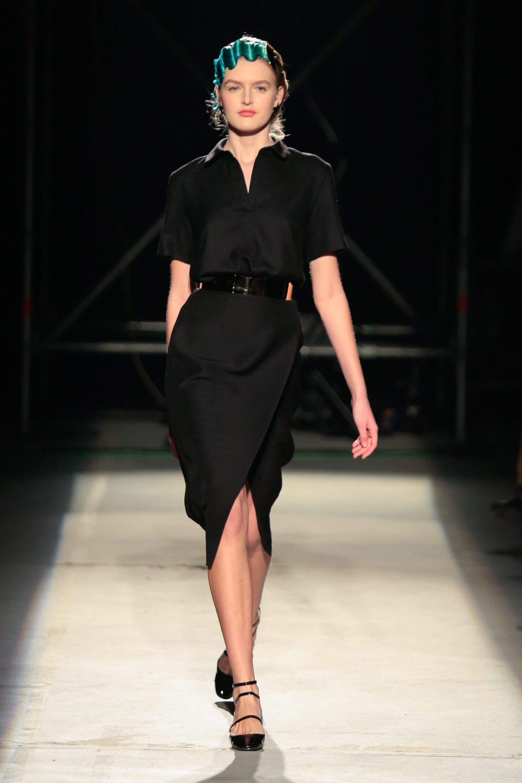 black fitted collared midi dress