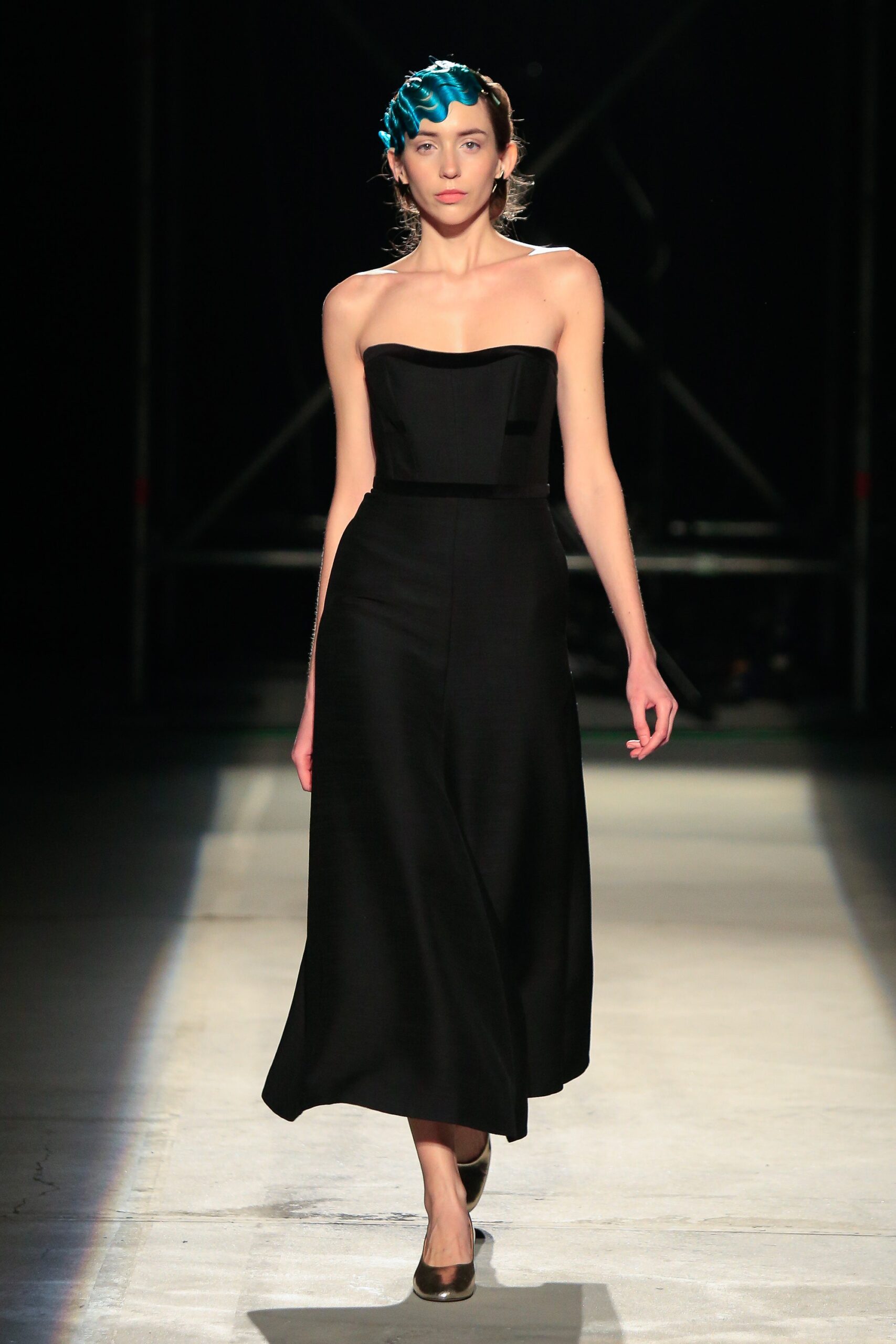 black silk strapless midi dress
