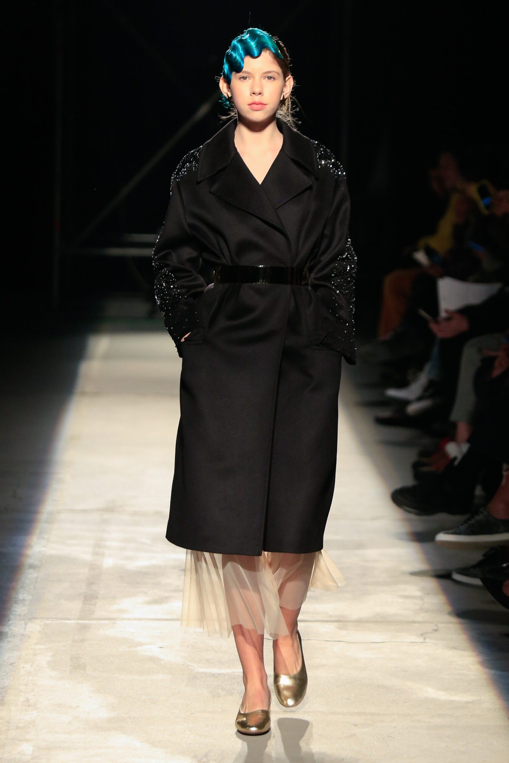 black wool coat with tulle skirt