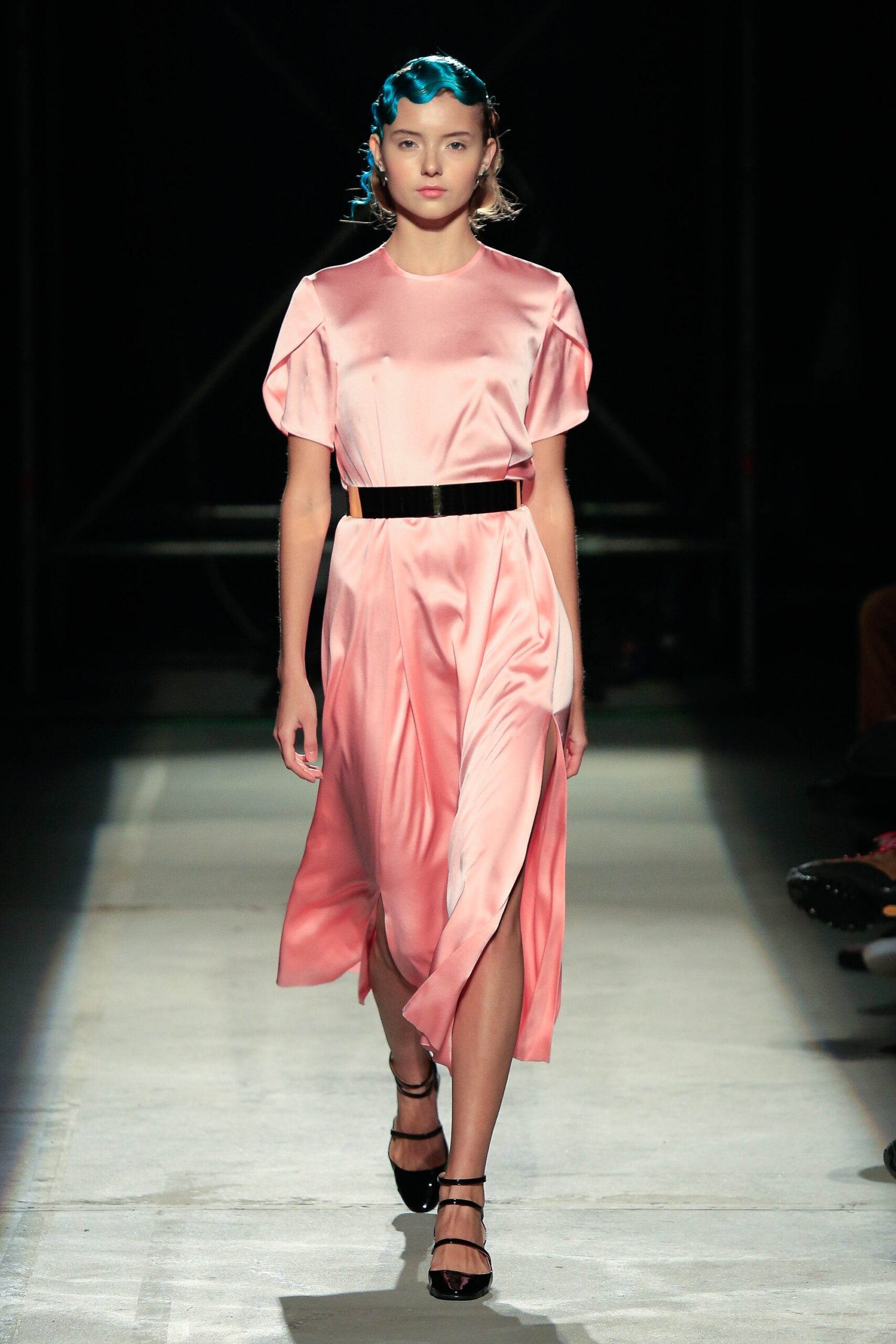 pink silk belted midi dress