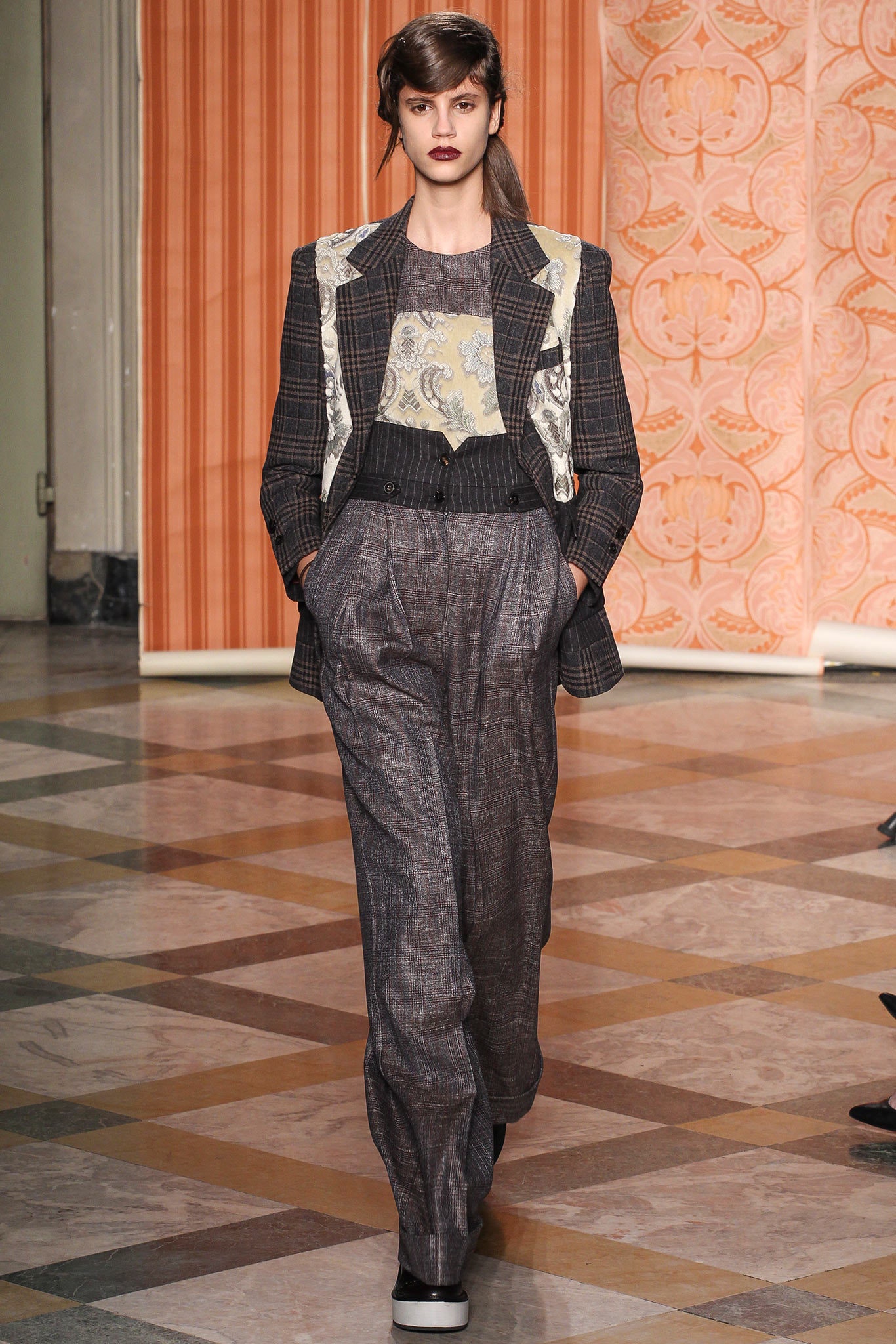 black wool long-sleeve collared tailored checked buttoned blazer