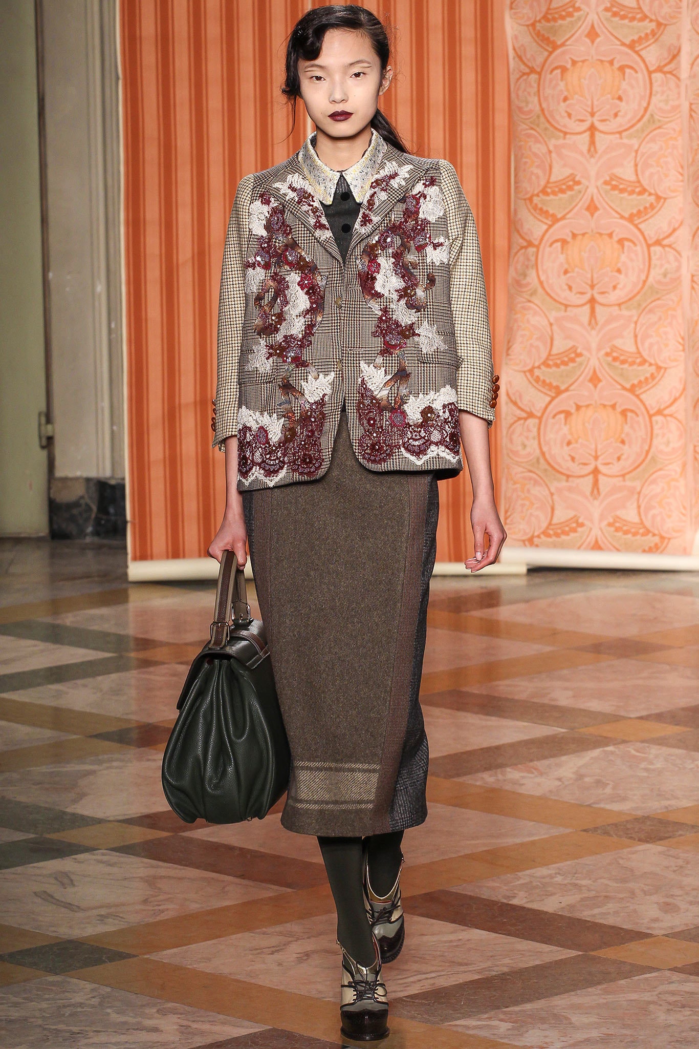 tailored gray embroidered blazer and brown pencil skirt